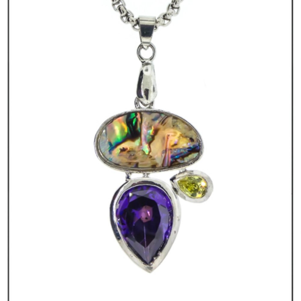 Pendant Abalone Stone Amethyst Peridot Cubic Zirconia with chain NWT